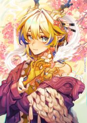 1girl absurdres arknights artist_name blonde_hair blue_eyes blue_hair braid branch cherry_blossoms chinese_commentary chinese_new_year choker chromatic_aberration closed_mouth colored_extremities commentary dragon dragon_girl dragon_horns eastern_dragon english_commentary flower fruit_earrings hair_between_eyes hair_flower hair_intakes hair_ornament highres holding horns jacket light_blush light_smile long_hair long_sleeves looking_at_viewer mixed-language_commentary moca354 multicolored_hair official_alternate_costume pink_flower pointy_ears purple_jacket red_flower shu_(arknights) shu_(spring_feast)_(arknights) solo upper_body white_flower white_hair yellow_choker