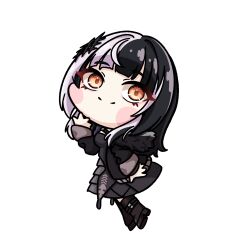 1girl black_coat black_dress black_footwear black_hair chibi closed_mouth coat dress fur-trimmed_coat fur_trim grey_hair hair_ornament highres hololive hololive_english kkeulna multicolored_hair orange_eyes shiori_novella simple_background smile solo split-color_hair virtual_youtuber white_background