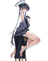 Rule 34 | 1girl, bare arms, barefoot, black dress, black gloves, black hair, black jacket, blue archive, china dress, chinese clothes, double bun, dress, full body, gloves, grey eyes, grey halo, hair bun, halo, jacket, kisaki (blue archive), legs, long hair, looking at viewer, mixed-language commentary, off shoulder, on chair, patreon username, side slit, simple background, sleeveless, solo, sydus, thighs, toes, twintails, very long hair, white background