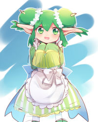 Rule 34 | 1girl, apron, back bow, blue bow, blue sky, border, bow, double bun, green eyes, green hair, green sleeves, hair between eyes, hair bun, horns, lidelle (puyopuyo), looking at viewer, maid apron, open mouth, pointy ears, puyopuyo, sky, sleeves past wrists, smile, white apron, white background, white border, white bow, xox xxxxxx