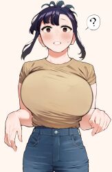 Rule 34 | 1girl, ?, blush, breasts, brown eyes, commentary request, denim, elder cousin (igarashi kyouhei), folded hair, folded ponytail, hair ornament, hairclip, highres, igarashi kyouhei, jeans, large breasts, looking at viewer, open mouth, original, pants, shirt, simple background, solo, spoken question mark, t-shirt, yellow shirt