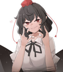 Rule 34 | 1girl, absurdres, black bow, black bowtie, black hair, black wings, bow, bowtie, breasts, closed mouth, hat, heart, highres, looking at viewer, mata (matasoup), medium breasts, pointy ears, red eyes, shameimaru aya, shirt, short hair, short sleeves, simple background, smile, solo, tokin hat, touhou, upper body, white background, white shirt, wings