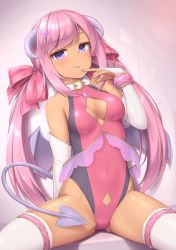 Rule 34 | 1girl, blush, bow, bracelet, breasts, bridal gauntlets, center opening, collar, dark-skinned female, dark skin, demon horns, demon tail, elbow gloves, gloves, hair bow, hair ornament, highres, horns, jewelry, leotard, long hair, looking at viewer, low wings, medium breasts, original, pink hair, purple eyes, sasaame, sitting, smile, solo, spread legs, swept bangs, tail, thighhighs, twintails, white thighhighs, wings