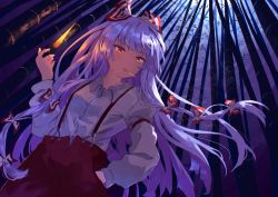 Rule 34 | 1girl, absurdres, armband, bamboo, bamboo forest, bow, breasts, buttons, cigarette, collared shirt, commentary request, dutch angle, fire, fire, floating hair, forest, from below, fujiwara no mokou, hair bow, hand in pocket, highres, holding, holding cigarette, huge filesize, juliet sleeves, long hair, long sleeves, looking afar, moonlight, mouth hold, nature, night, night sky, pants, puffy sleeves, pyrokinesis, red bow, red eyes, red pants, shirt, sky, small breasts, smoking, solo, standing, suspenders, touhou, two-tone bow, upper body, very long hair, white bow, white hair, white shirt, yamabuki (yamabuki xxxxx)