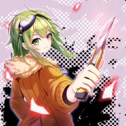 Rule 34 | 1girl, blurry, bokeh, commentary, depth of field, dotted background, english commentary, foreshortening, from behind, fur-trimmed jacket, fur trim, goggles, goggles on head, green eyes, green hair, gumi, holding, jacket, jinsei reset button (vocaloid), kakeyu, looking at viewer, looking back, orange jacket, outstretched arm, parted lips, short hair with long locks, sidelocks, smile, solo, switchblade, upper body, vocaloid