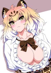 Rule 34 | 1girl, alternate breast size, animal ears, animal print, areola slip, belt, blonde hair, blush, bow, bowtie, breasts, brown bow, brown bowtie, brown hair, buttons, center frills, cleavage, closed mouth, collarbone, collared shirt, elbow gloves, frills, furrowed brow, gloves, gradient hair, green eyes, highres, jaguar (kemono friends), jaguar ears, jaguar print, kemono friends, large breasts, looking at viewer, mamiyama, medium hair, multicolored eyes, multicolored hair, no bra, orange hair, partially unbuttoned, print gloves, shirt, short sleeves, smile, solo, stomach, upper body, white hair, white shirt, wing collar, yellow eyes