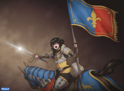 1girl armor black_hair blue_eyes bob_cut fantasy fleur-de-lis full_armor glowing glowing_sword glowing_weapon hellcross_(dkrejd2000) holding holding_polearm holding_weapon horseback_riding no_headwear open_mouth pauldrons polearm riding short_hair shoulder_armor solo warhammer_fantasy weapon