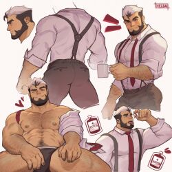Rule 34 | 1boy, abs, absurdres, bara, beard, black hair, black male underwear, black pants, chest hair, cup, facial hair, helbai, highres, holding, holding cup, large pectorals, male focus, male underwear, multiple views, muscular, muscular male, navel, nipples, one eye closed, original, pants, pectorals, shirt, short hair, smile, suspenders, thick thighs, thighs, tongue, tongue out, underwear, white hair, white shirt