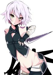 Rule 34 | 1girl, bandaged arm, bandages, bare shoulders, black thighhighs, enelis, fate/apocrypha, fate (series), fingerless gloves, gloves, green eyes, jack the ripper (fate/apocrypha), looking at viewer, navel, short hair, simple background, solo, thighhighs, white background, white hair