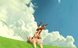 Rule 34 | 1girl, alternate costume, alternate hairstyle, amiya (arknights), animal ears, arknights, bare shoulders, bikini, bikini under clothes, blue sky, brown hair, chinese commentary, closed mouth, cloud, collarbone, commentary request, day, ears through headwear, feet out of frame, grass, green eyes, grscubes, hair between eyes, hair bun, hat, highres, long hair, looking afar, looking away, nail polish, on grass, on ground, orange bikini, outdoors, rabbit ears, rabbit girl, rabbit tail, red nails, see-through, sidelocks, single hair bun, sitting, sky, smile, solo, straw hat, stuffed animal, stuffed rabbit, stuffed toy, swimsuit, tail, yellow hat