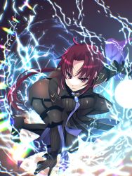Rule 34 | 1girl, ass, bazett fraga mcremitz, black bodysuit, black footwear, black gloves, black pantyhose, blue necktie, bodysuit, breasts, closed mouth, commentary request, electricity, fate/grand order, fate (series), forehead, fragarach (fate), gloves, hair tubes, highres, long hair, looking at viewer, low ponytail, manannan mac lir (fate), manannan mac lir (second ascension) (fate), medium breasts, mole, mole under eye, necktie, on one knee, pantyhose, parted bangs, pelvic curtain, ponytail, purple eyes, purple hair, ribbed bodysuit, serious, solo, tajima yoshikazu