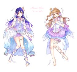 Rule 34 | 2girls, angel wings, bad id, bad pixiv id, bare shoulders, barefoot, blue hair, butterfly hair ornament, commentary request, dress, feathered wings, feathers, flower, full body, grey hair, hair between eyes, hair flower, hair ornament, long hair, looking at viewer, love live!, love live! school idol festival, love live! school idol project, microphone, minami kotori, multiple girls, one side up, open mouth, ribbon, shina (sbk951121), simple background, skirt hold, sonoda umi, white background, white wings, wings, x hair ornament, yellow eyes