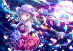 Rule 34 | 1girl, bad id, bad pixiv id, blonde hair, blue flower, blue rose, blush, crystal, dress, fang, female focus, flandre scarlet, flower, french text, full moon, hat, moon, neckerchief, night, night sky, open mouth, petals, purple flower, purple rose, red eyes, riichu, rose, rose petals, short hair, side ponytail, sky, smile, solo, star (sky), embodiment of scarlet devil, touhou, wings