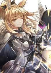 Rule 34 | 1girl, ;), absurdres, arknights, armor, armored dress, black bow, black gloves, blemishine (arknights), blonde hair, bow, breastplate, brown eyes, cape, closed mouth, faulds, floating hair, fur cape, gloves, hair bow, highres, holding, holding sword, holding weapon, noro assumed, one eye closed, ponytail, purple gloves, shield, smile, solo, standing, sword, two-tone gloves, weapon, white background