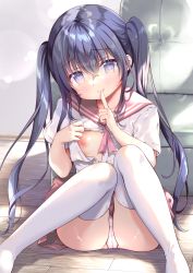 Rule 34 | 1girl, amanagi seiji, black hair, blue eyes, blush, brown sailor collar, brown skirt, closed mouth, commentary request, feet out of frame, finger to mouth, flat chest, hair between eyes, hand up, highres, knees up, long hair, nipples, on floor, open clothes, open shirt, original, panties, pleated skirt, sailor collar, school uniform, serafuku, shirt, short sleeves, shushing, sitting, skirt, smile, solo, thighhighs, twintails, underwear, very long hair, white panties, white shirt, white thighhighs, wooden floor