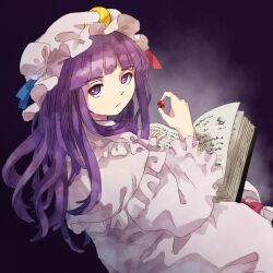 Rule 34 | 1girl, blue ribbon, book, capelet, closed mouth, commentary request, crescent, crescent hat ornament, dress, frilled capelet, frills, gem, hat, hat ornament, hat ribbon, highres, holding, holding gem, long sleeves, mob cap, open book, patchouli knowledge, purple eyes, purple hair, red ribbon, retrochaossan, ribbon, solo, touhou, white capelet, white dress, white hat