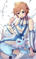 Rule 34 | 1girl, bare shoulders, blush, breasts, collarbone, creatures (company), detached sleeves, dress, earrings, eyelashes, game freak, gen 1 pokemon, green eyes, gym leader, hair between eyes, hair tie, highres, jewelry, legs, looking at viewer, midriff, misty (pokemon), misty (sygna suit) (pokemon), navel, nintendo, official alternate costume, open mouth, orange hair, pokemon, pokemon (creature), pokemon masters ex, short hair, simple background, smile, solo, vaporeon