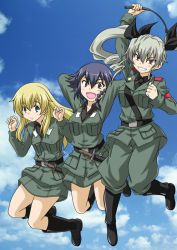 Rule 34 | 10s, 3girls, :d, anchovy (girls und panzer), anzio military uniform, arm up, arms behind head, belt, black belt, black hair, black ribbon, black shirt, blonde hair, blouse, boots, braid, brown eyes, carpaccio (girls und panzer), clenched hand, closed mouth, cloud, cloudy sky, commentary request, day, dress shirt, drill hair, girls und panzer, green eyes, green hair, grey jacket, grey pants, grey skirt, grin, hair ribbon, holding, holding riding crop, jacket, jumping, knee boots, knife, light smile, long hair, long sleeves, military, military uniform, muichimon, multiple girls, necktie, open mouth, pants, pants tucked in, pepperoni (girls und panzer), red eyes, ribbon, riding crop, sam browne belt, shirt, short hair, side braid, skirt, sky, smile, twin drills, twintails, uniform, v-shaped eyebrows, w arms, watermark