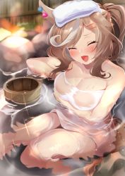 Rule 34 | absurdres, akiba monaka, animal ears, blurry, blurry background, blush, breasts, brown hair, cleavage, commentary request, hair ornament, highres, horse ears, horse tail, matikane tannhauser (umamusume), medium breasts, medium hair, naked towel, onsen, open mouth, sitting, tail, towel, towel on head, umamusume, water, wet
