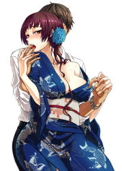 Rule 34 | 019, 1boy, 1girl, blush, breasts, brown eyes, brown hair, cleavage, finger in another&#039;s mouth, flower, hair flower, hair ornament, japanese clothes, kimono, large breasts, looking at viewer, open mouth, original, satou saori, solo focus, undressing