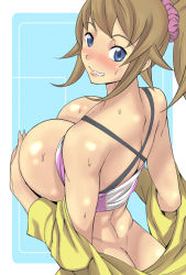 Rule 34 | 10s, 1girl, ass, banjo (technistep), bare shoulders, blue eyes, blush, bra, bra lift, breasts, breasts out, brown hair, butt crack, clothes lift, covering privates, covering breasts, from side, grin, gundam, gundam build fighters, gundam build fighters try, hair ornament, hair scrunchie, hoshino fumina, huge breasts, long hair, looking at viewer, looking to the side, nose blush, off shoulder, ponytail, scrunchie, shirt lift, sidelocks, smile, solo, sports bra, sports bra lift, sweat, two-tone sports bra, underwear, upper body