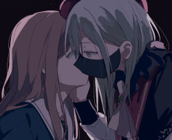 Rule 34 | 2girls, ascot, bang dream!, bang dream! it&#039;s mygo!!!!!, black background, black capelet, black mask, black shirt, blue eyes, brown hair, capelet, coldcat., commentary, earrings, from side, green brooch, green hair, hand on another&#039;s face, hat, highres, jewelry, kiss, kissing through mask, long hair, looking at another, mask, mouth mask, multiple girls, nagasaki soyo, red hat, sailor collar, shirt, stud earrings, upper body, wakaba mutsumi, white ascot, white sailor collar, yellow eyes, yuri