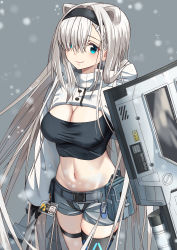 Rule 34 | 1girl, absurdres, animal ears, arknights, aurora (arknights), aurora (elite ii) (arknights), bear ears, black hairband, black shirt, blue eyes, blush, breasts, cleavage, commentary request, crop top, female focus, grey background, grey shorts, hairband, highres, id card, infection monitor (arknights), large breasts, long hair, looking at viewer, midriff, navel, partial commentary, pink lips, pouch, shield, shirt, short shorts, shorts, shrug (clothing), simple background, smile, solo, stomach, thigh strap, thighs, very long hair, white hair, yuuko (oruta)