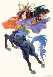 Rule 34 | 1girl, black eyes, black hair, blue tail, cape, centaur, chinese commentary, closed mouth, colored inner hair, daxing jia quan, feathers, green sash, hat, hat feather, highres, hooves, horns, japanese clothes, kimono, long hair, long sleeves, looking at viewer, multicolored hair, open hand, orange cape, original, outstretched arm, parted bangs, pink kimono, purple cape, red hair, red lips, sash, simple background, single horn, solo, tail, tassel, taur, two-tone cape, two-tone hair, weibo logo, weibo watermark, yellow background
