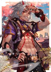 Rule 34 | 1boy, abs, arataki itto, belt buckle, black nails, body markings, bracelet, brown eyes, buckle, choker, facial mark, falling petals, genshin impact, grin, highres, horns, jewelry, laovaan, long hair, looking at viewer, male focus, nail polish, navel, oni, oni horns, pants, petals, plant, red eyes, red horns, smile, smoke, solo, spiked bracelet, spiked choker, spikes, teeth, toned, toned male, white hair