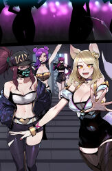 Rule 34 | 4girls, :d, ahri (league of legends), akali, animal ears, arm up, bare shoulders, black pants, black skirt, blonde hair, bracelet, breasts, choker, cleavage, double bun, evelynn (league of legends), facial mark, fox ears, fox tail, hair bun, hair ornament, heart, heart hair ornament, highres, indoors, jacket, jewelry, k/da (league of legends), k/da ahri, k/da akali, k/da evelynn, k/da kai&#039;sa, kai&#039;sa, large breasts, league of legends, long hair, looking at viewer, mask, mouth mask, multiple girls, navel, off shoulder, open clothes, open jacket, open mouth, pants, pink eyes, pink hair, ponytail, purple hair, ratatatat74, red hair, shiny skin, skirt, smile, stairs, stomach, tail, teeth, thighhighs, upper teeth only, whisker markings, yellow eyes