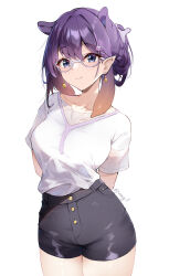 Rule 34 | 1girl, absurdres, animal ears, arms behind back, black shorts, blue eyes, braid, breasts, closed mouth, cowboy shot, earrings, glasses, gradient hair, hair ornament, highres, hololive, hololive english, jewelry, legs together, looking at viewer, medium breasts, mole, mole under eye, multicolored hair, ninomae ina&#039;nis, orange hair, pointy ears, purple hair, shirt, shirt tucked in, short sleeves, shorts, smile, solo, tentacle hair, vincent leo, virtual youtuber, white shirt