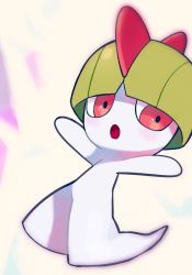 Rule 34 | :o, blunt bangs, blush, chirosamu, colored skin, commentary, creatures (company), game freak, gen 3 pokemon, green hair, highres, nintendo, open mouth, outstretched arms, pokemon, pokemon (creature), ralts, red eyes, sideways glance, solo, symbol-only commentary, tongue, white skin