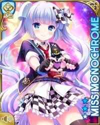 Rule 34 | 1girl, blue eyes, blue jacket, blunt bangs, bow, card, character name, checker pattern, checkered bow, checkered clothes, closed mouth, concert, dancing, day, girlfriend (kari), heart, heart hands, indoors, jacket, miss monochrome, miss monochrome (character), necktie, official art, qp:flapper, rainbow background, red neckwear, school uniform, shirt, skirt, smile, solo, tagme, thighhighs, twintails, white footwear, white hair, white shirt