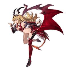 Rule 34 | 10s, 1girl, bare shoulders, blonde hair, breasts, cleavage, demon tail, elbow gloves, full body, fur trim, gloves, granblue fantasy, hair ornament, high heels, jewelry, long hair, lord of vermilion, lord of vermilion iii, milia (lord of vermilion), minaba hideo, necklace, open mouth, panties, pointy ears, red eyes, side-tie panties, single thighhigh, single wing, smile, solo, tail, thigh strap, thighhighs, transparent background, underwear, wings