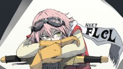 Rule 34 | 1girl, female focus, flcl, gloves, goggles, goggles on head, green eyes, haruhara haruko, highres, pink hair, solo, tagme