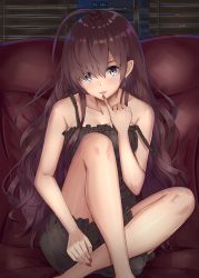 Rule 34 | 10s, 1girl, :3, :d, ahoge, bad id, bad pixiv id, bare arms, bare legs, bare shoulders, barefoot, bloomers, blue eyes, breasts, building, camisole, cleavage, collarbone, couch, crossed ankles, earrings, frills, highres, ichinose shiki, idolmaster, idolmaster cinderella girls, indoors, jewelry, kanikou, long hair, looking at viewer, medium breasts, nail polish, night, on couch, open mouth, pillow, pinky out, red hair, red nails, sitting, smile, solo, straight hair, strap slip, underwear, underwear only, very long hair, window, window shutter