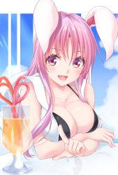 Rule 34 | 1girl, :d, animal ears, bad id, bad pixiv id, bikini, black bikini, blue sky, blush, breasts, chair, cloud, collarbone, commentary request, cup, day, drinking glass, drinking straw, hair between eyes, hisae (hisae collect), hood, hooded jacket, index finger raised, jacket, large breasts, long hair, looking at viewer, open clothes, open jacket, open mouth, outdoors, purple hair, rabbit ears, red eyes, reflection, reisen udongein inaba, sky, sleeveless, sleeveless jacket, smile, solo, swimsuit, touhou, upper body, white jacket