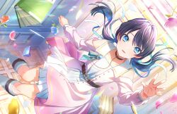 Rule 34 | 1girl, ankle boots, aqua ribbon, black choker, blue eyes, blue flower, blue hair, blue ribbon, book, boots, breasts, choker, clothing cutout, coat, collarbone, dark blue hair, dream believers (love live!), dress, dutch angle, flower, foot out of frame, game cg, hair ribbon, highres, link! like! love live!, long hair, long sleeves, looking at viewer, love live!, low twintails, mole, mole on neck, murano sayaka, official art, orange flower, parted lips, pen, pencil case, pinafore dress, pink coat, pink flower, pleated dress, ribbon, shoulder cutout, sleeveless, sleeveless dress, small breasts, solo, third-party source, twintails, white dress, white footwear