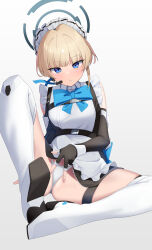 Rule 34 | 1girl, absurdres, akinoji (akiponpon27), black gloves, blonde hair, blue archive, blue bow, blue bowtie, blue eyes, blue halo, boots, bow, bowtie, breasts, earpiece, fingerless gloves, gloves, halo, highres, maid, maid headdress, medium breasts, panties, parted lips, short hair, simple background, solo, thigh boots, toki (blue archive), underwear, white background, white footwear, white panties