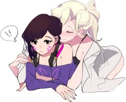 Rule 34 | !, !!, 2girls, animal print, blonde hair, blush, closed eyes, d.va (overwatch), drawing on another&#039;s face, facial mark, headphones, headphones around neck, lab coat, long sleeves, mercy (overwatch), multiple girls, mwo imma hwag, off-shoulder shirt, off shoulder, overwatch, overwatch 1, ponytail, purple shirt, rabbit, rabbit print, shirt, simple background, whisker markings, white background, yuri