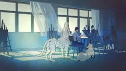 Rule 34 | 1boy, 1girl, absurdres, animal, black hair, blue pants, canvas (object), centauroid, chair, chalkboard, classroom, curtains, day, easel, facing another, from behind, from side, gohran (juuni kokuki), grey footwear, haku sanshi, hashtag-only commentary, highres, indoors, juuni kokuki, leopard girl, long hair, lying, mukau61, nude, painting (action), painting (object), palette (object), pants, reflective floor, school chair, school uniform, shirt, shoes, short hair, short sleeves, sitting, standing, taiki (juuni kokuki), taur, transparent, very long hair, white shirt, wind, window, window shadow, wooden floor
