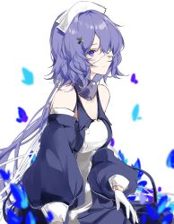 Rule 34 | 1girl, arknights, bare shoulders, blue dress, commentary request, detached sleeves, dress, eyepatch, gloves, hair ornament, highres, joshua (shisanli934), long hair, long sleeves, purple eyes, purple hair, simple background, smile, solo, upper body, whisperain (arknights), white background, white gloves, white headwear, x hair ornament