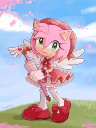 Rule 34 | 1girl, amy rose, cardcaptor sakura, cherry blossoms, cosplay, dress, female focus, full body, furry, furry female, fuuin no tsue, glove bow, gloves, green eyes, hat, hedgehog, hedgehog ears, hedgehog girl, highres, holding, holding wand, kinomoto sakura, kinomoto sakura (cosplay), looking at viewer, lunaerim, magical girl, multicolored clothes, multicolored dress, pink fur, pink hat, puffy short sleeves, puffy sleeves, red dress, red footwear, red ribbon, ribbon, shoes, short sleeves, smile, solo, sonic (series), standing, wand, white dress, wings