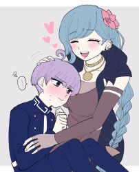 Rule 34 | ..., 1boy, 1girl, ahoge, blue coat, blue hair, blue jacket, blush, braid, breast rest, breast smother, breasts, closed eyes, coat, commentary request, dress, ear piercing, earrings, face to breasts, fingerless gloves, flower, fubuki clockford, gloves, grey dress, hair flower, hair ornament, headpat, heart, hetero, highres, hood, hood down, ikura-chan, jacket, jewelry, large breasts, long hair, long sleeves, looking at another, master detective archives: rain code, necklace, open mouth, piercing, pink flower, purple eyes, purple hair, short hair, single braid, sitting, sitting on lap, sitting on person, sleeveless, sleeveless coat, smile, speech bubble, sweatdrop, yuma kokohead