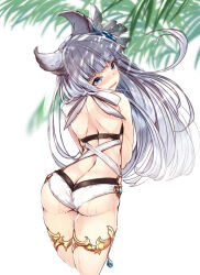 Rule 34 | 1girl, 218, animal ears, ass, bikini, blue eyes, blush, butt crack, embarrassed, granblue fantasy, korwa, long hair, looking at viewer, looking back, plant, simple background, solo, swimsuit, wet, white hair