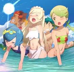 Rule 34 | 3boys, 3girls, ;o, all fours, ash ketchum, bare shoulders, beach, bent over, bikini, bisexual male, black hair, blonde hair, blue hair, blue sky, blush, blush stickers, bottomless, bounsweet, braid, breasts, cloud, creatures (company), dark-skinned male, dark skin, day, doggystyle, closed eyes, flat chest, french braid, game freak, gen 1 pokemon, gen 7 pokemon, goggles, goggles on head, green eyes, green hair, grin, group sex, hair ornament, half-closed eyes, harem, kiawe (pokemon), lana (pokemon), lillie (pokemon), long hair, mallow (pokemon), multicolored hair, multiple boys, multiple girls, mushi gyouza, navel, nintendo, ocean, one-piece swimsuit, one eye closed, orange hair, orgasm, outdoors, partially submerged, pikachu, pokemon, pokemon (anime), pokemon (creature), pokemon sm (anime), sex, sex from behind, sexually suggestive, short hair, sky, small breasts, smile, sophocles (pokemon), strapless, sun, swimsuit, teeth, tube top, twintails, two-tone hair, wavy mouth