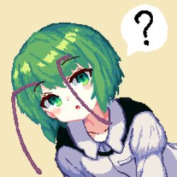 Rule 34 | 1girl, 999 (hansode), ?, antennae, collarbone, commentary, green eyes, green hair, long sleeves, looking at viewer, open mouth, pixel art, short hair, simple background, solo, spoken question mark, touhou, wriggle nightbug, yellow background