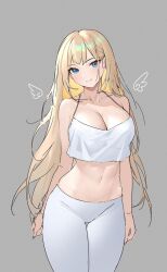 Rule 34 | 1girl, bare arms, bare shoulders, blonde hair, blue eyes, breasts, camisole, cleavage, commentary, cowboy shot, crop top, crop top overhang, grey background, highres, large breasts, leggings, long hair, looking at viewer, midriff, navel, original, pants, simple background, siun, sketch, smile, solo, spaghetti strap, standing, stomach, thighs, very long hair, white pants