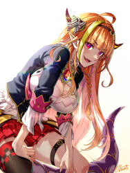 Rule 34 | 1girl, backlighting, bent over, blonde hair, blunt bangs, bow, braid, breasts, brown hairband, buru-dai, cleavage, cleavage cutout, clothing cutout, commentary request, diagonal-striped bow, dragon girl, dragon horns, dragon tail, fang, hairband, highres, hololive, horn bow, horn ornament, horns, kiryu coco, kiryu coco (1st costume), large breasts, miniskirt, multicolored hair, open mouth, orange hair, pleated skirt, pointy ears, purple eyes, red skirt, side braid, signature, single thighhigh, skin fang, skirt, smile, solo, squatting, streaked hair, tail, thigh strap, thighhighs, two-tone hair, virtual youtuber