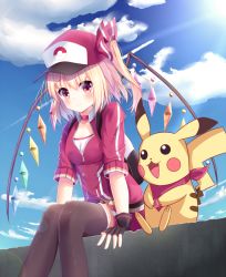 Rule 34 | 1girl, :3, backpack, bag, baseball cap, black gloves, black legwear, blonde hair, blue sky, blush, breasts, choker, closed mouth, cloud, contrail, cosplay, creatures (company), crossover, crystal, cube, day, eyebrows, female protagonist (pokemon go), female protagonist (pokemon go) (cosplay), fingerless gloves, flandre scarlet, food, game freak, gen 1 pokemon, gloves, hair ribbon, hat, holding, holding food, lens flare, looking at viewer, nintendo, one side up, pikachu, poke ball print, pokemon, pokemon go, red eyes, ribbon, shiero., short hair, sitting, sky, small breasts, smile, touhou, wings, zipper